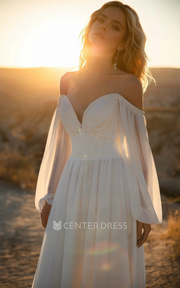 Ethereal Illusion Long Sleeve A-Line Sweetheart Neckline Satin Wedding Dress