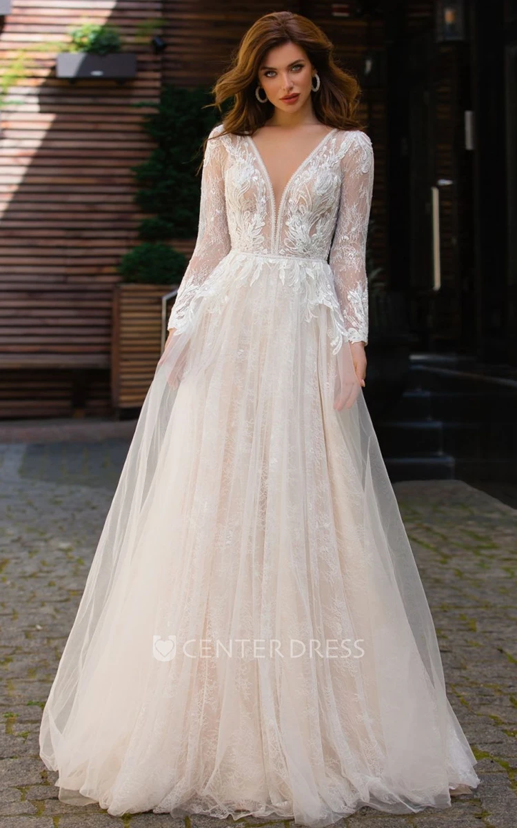 Long Sleeved A Line Tulle Plunging Neck Wedding Dress with Appliques