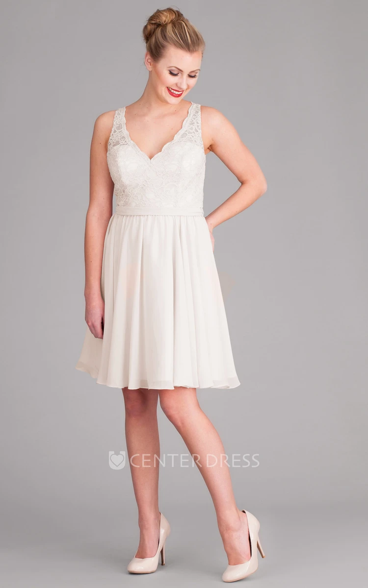 Short V-Neck Sleeveless Lace Chiffon Wedding Dress