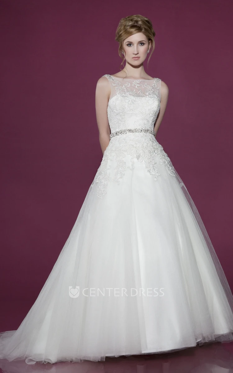 Bateau Floor-Length Beaded Tulle Wedding Dress With Court Train And V Back