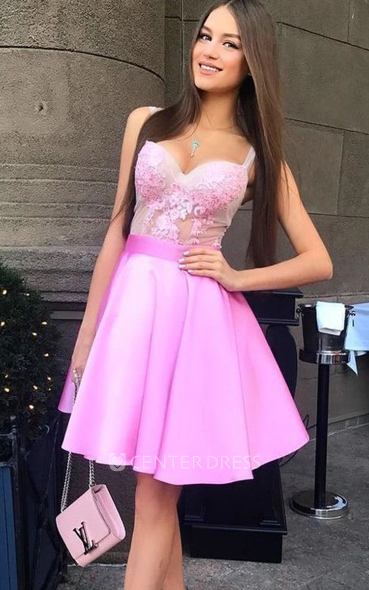 A-line Ball Gown Straps Sleeveless Ruffles Short Mini Satin Lace Homecoming Dress