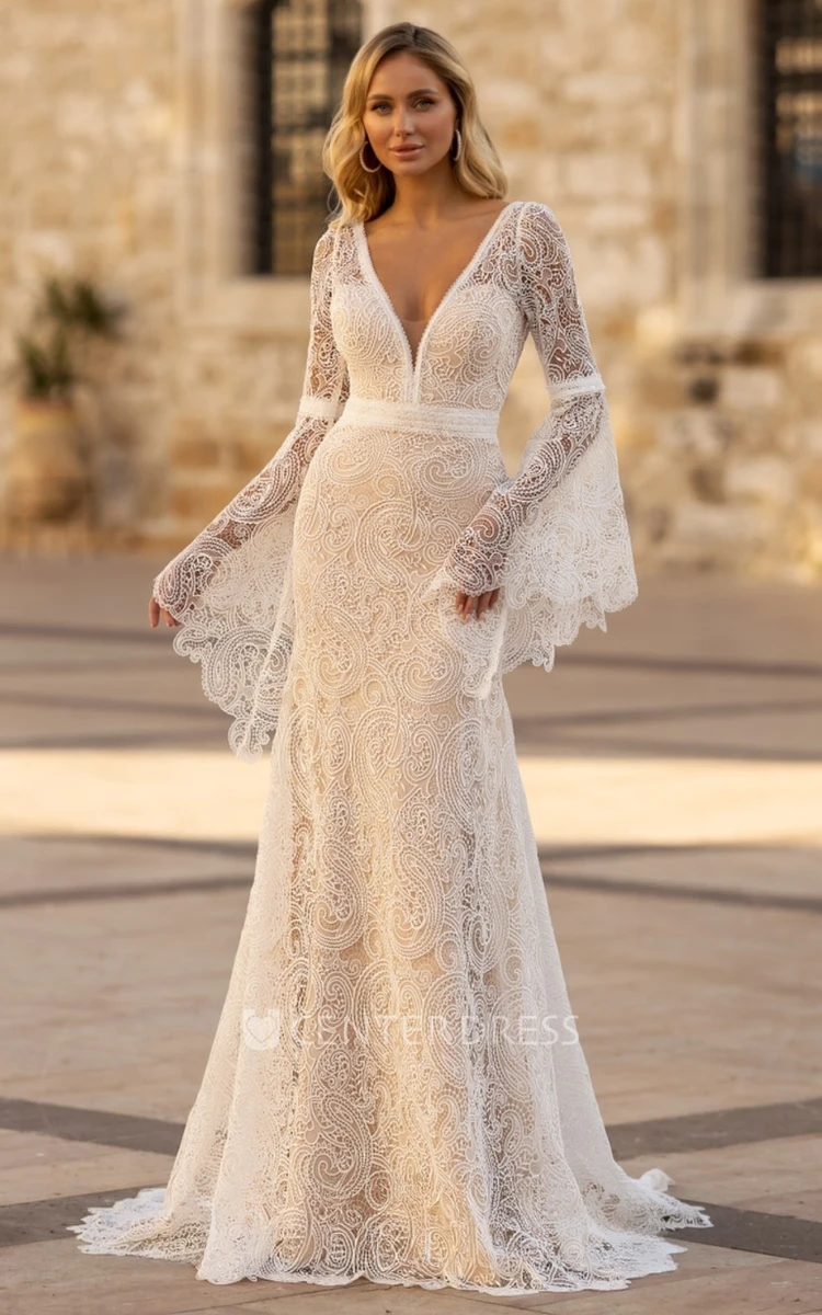 Formal Lace Sculpted V-Neck Elegant Long Sleeve Wedding Dress
