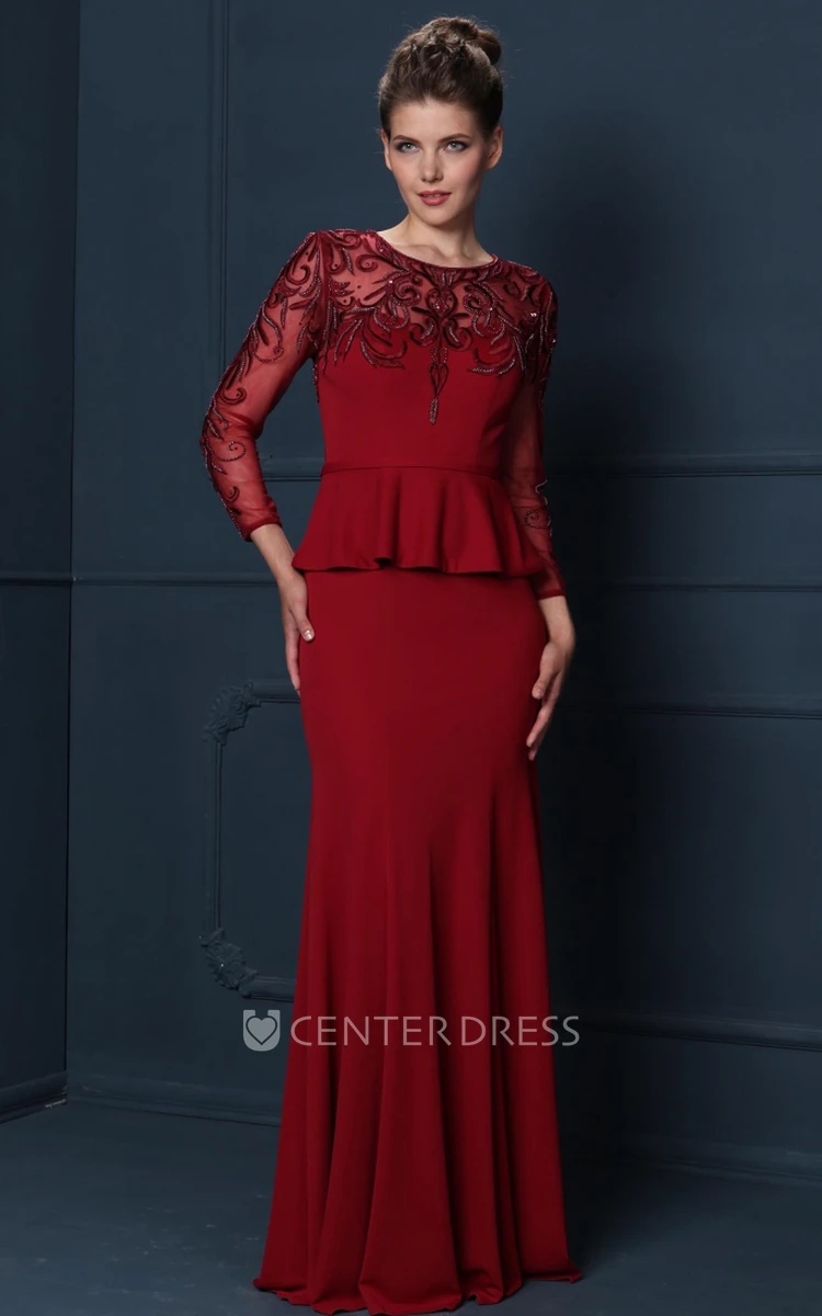 Sheath Maxi Long-Sleeve Beaded Scoop-Neck Jersey Mother Of The Bride Dress With Peplum