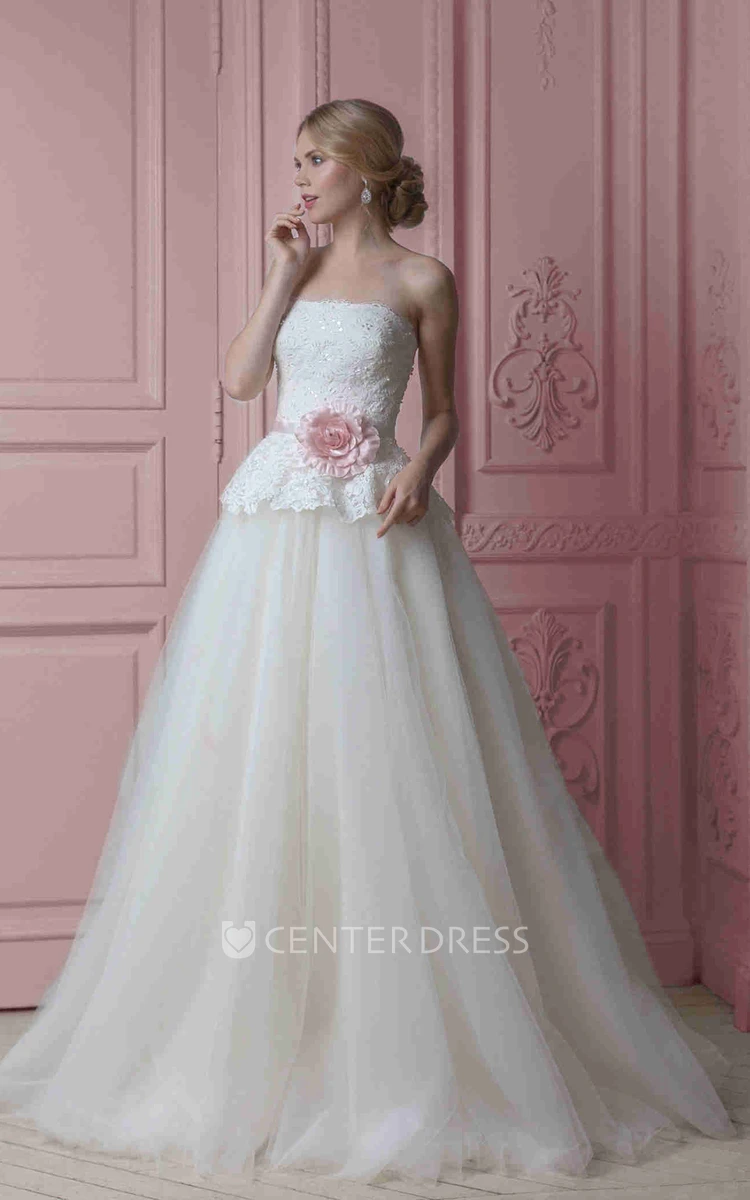 A-Line Floor-Length Peplum Strapless Sleeveless Tulle&Lace Wedding Dress With Flower