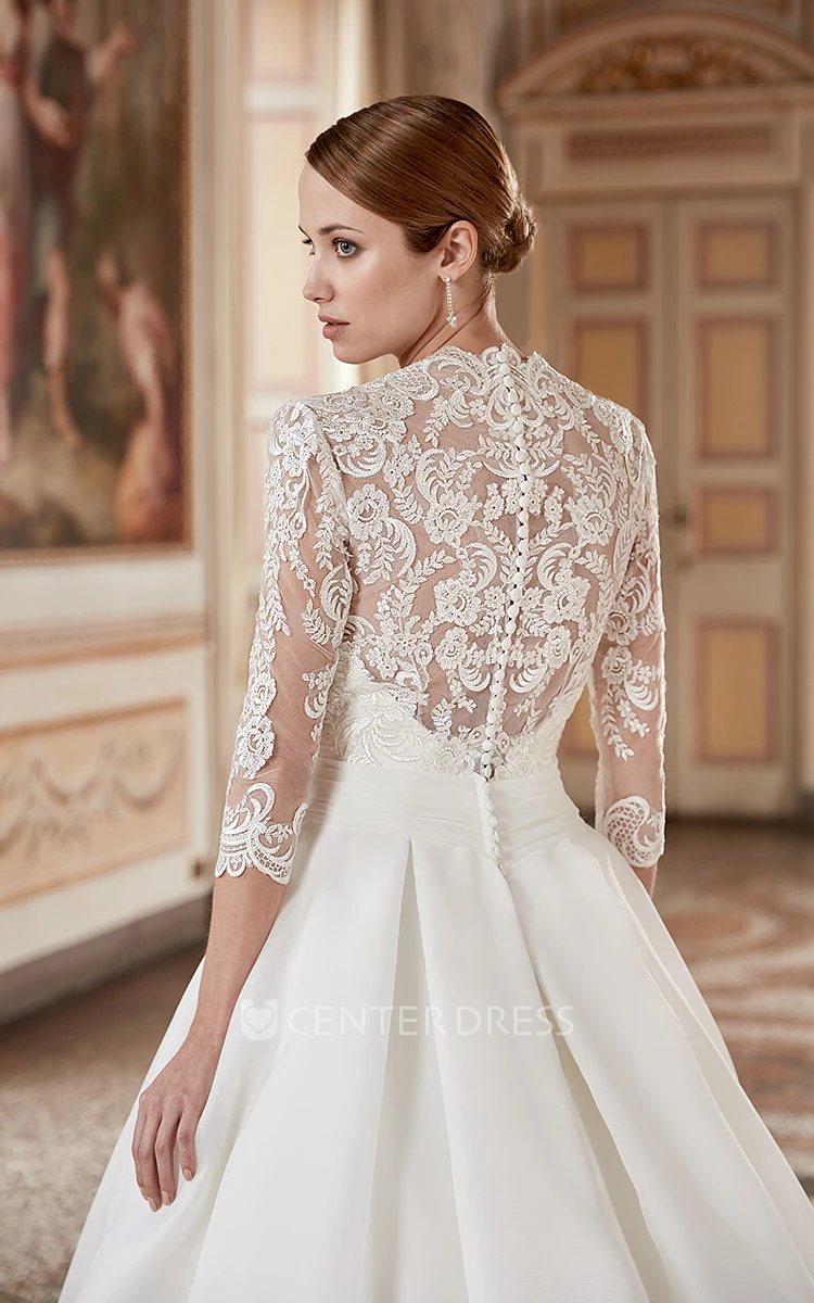 Ball Gown V-Neck 3-4-Sleeve Organza Wedding Dress With Illusion