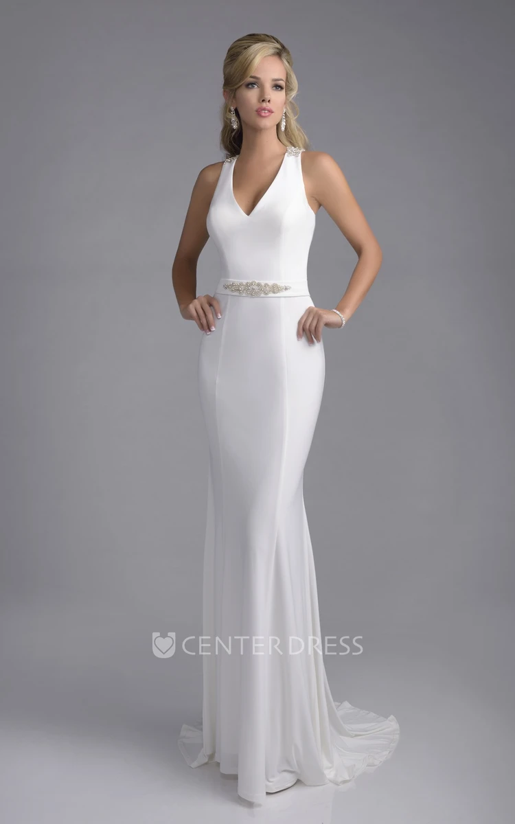 Form-Fitted V-Neck Satin Chiffon Wedding Dress With Jewels And Back Straps