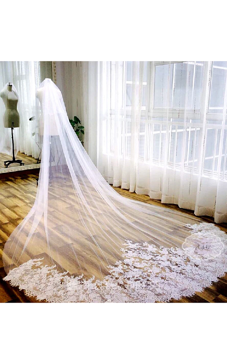 Romantic Tulle Long Wedding Veil with Lace Edge