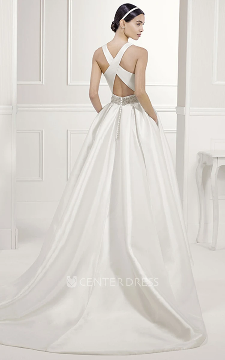 Modest Scoop Neck Taffeta Bridal Gown With Lace Sash And Criss-Cross Back