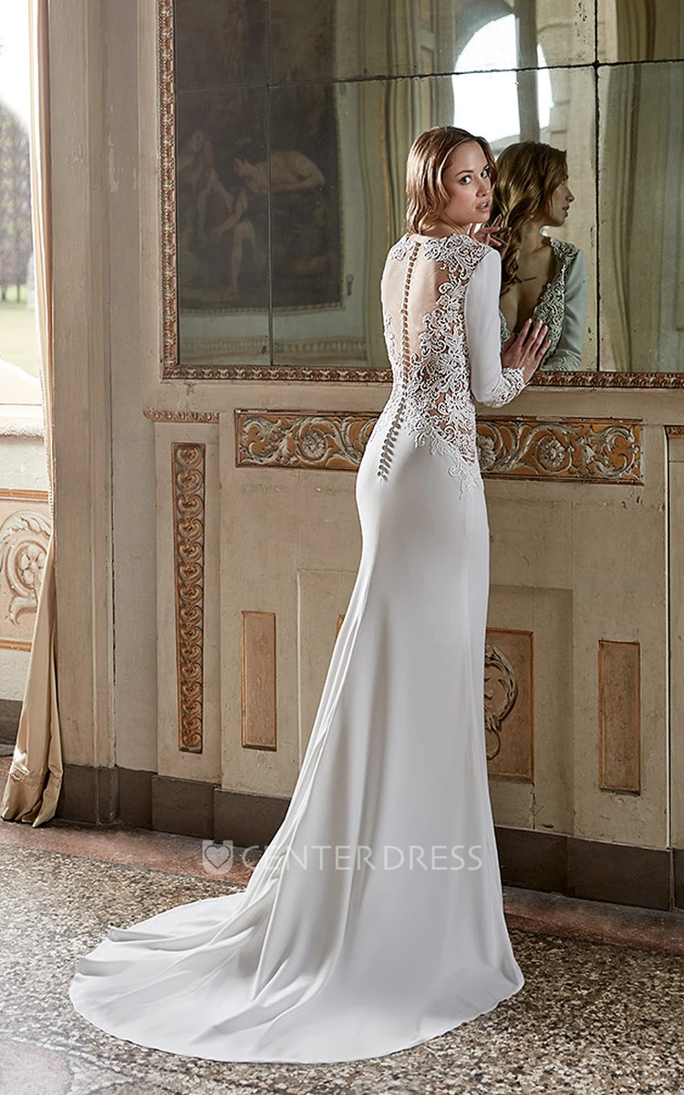 Sheath Floor-Length Jeweled V-Neck Long-Sleeve Chiffon Wedding Dress With Lace And Illusion