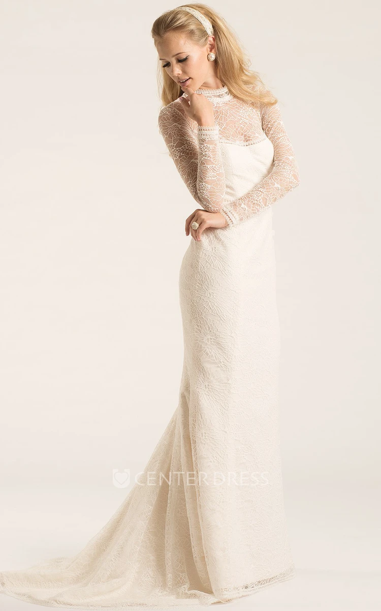 Sheath Long-Sleeve High Neck Long Lace Wedding Dress With Illusion