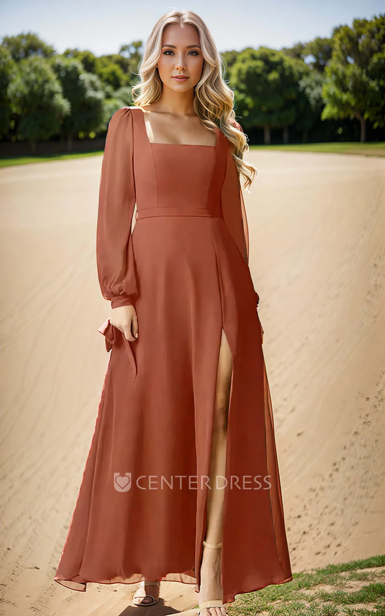 Simple Solid Puff Long Sleeve Chiffon Square Neck A-Line Bridesmaid Dress Vintage Elegant Floor-length Zipper Back Sash Split Bridesmaid Gown