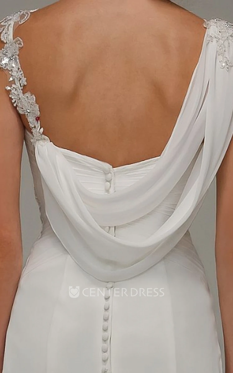 Sheath Appliqued Long V-Neck Sleeveless Chiffon Wedding Dress With Draping And Ruching