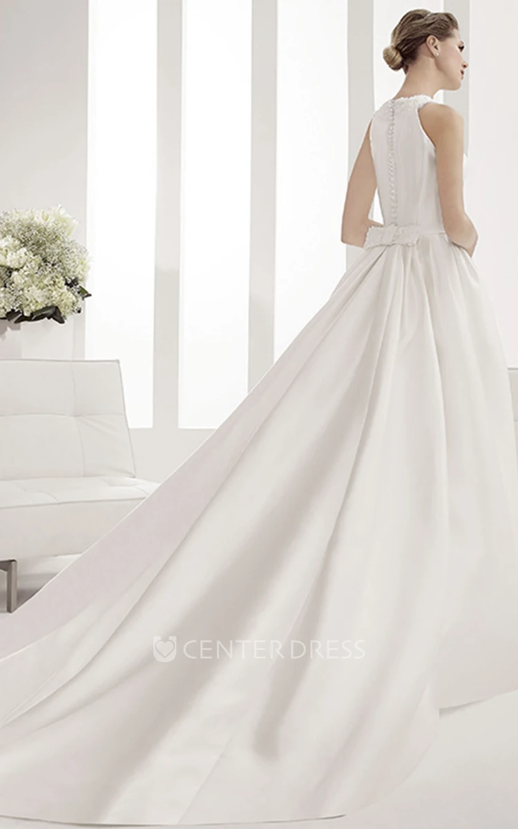 Modest Sleeveless Satin Bridal Gown With Jewel Neck