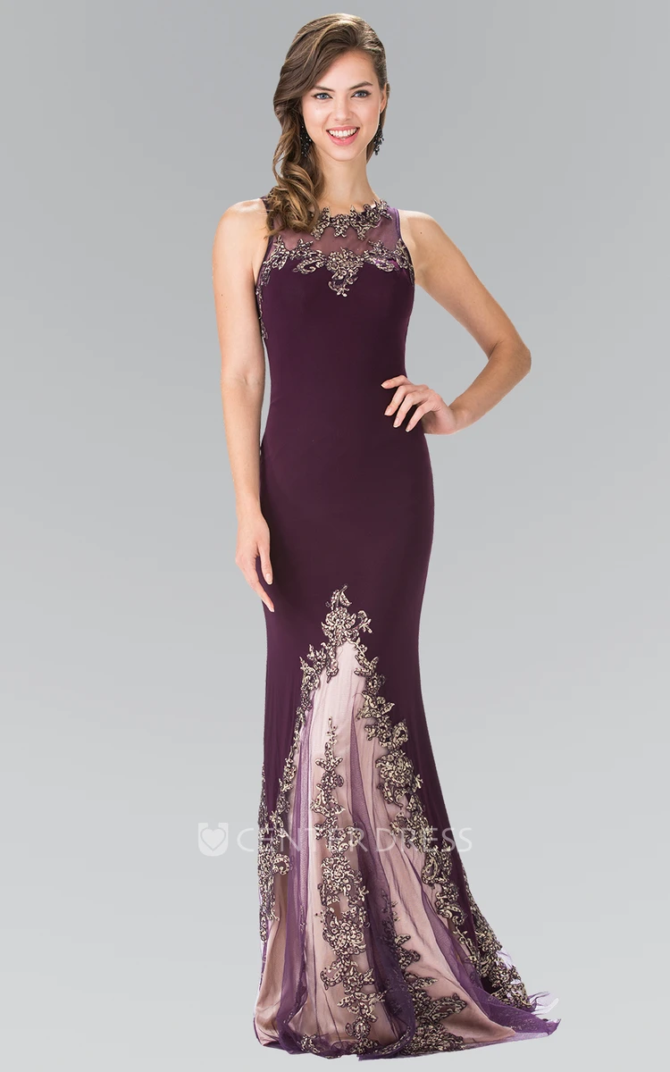 Sheath Scoop-Neck Sleeveless Jersey Illusion Dress With Appliques