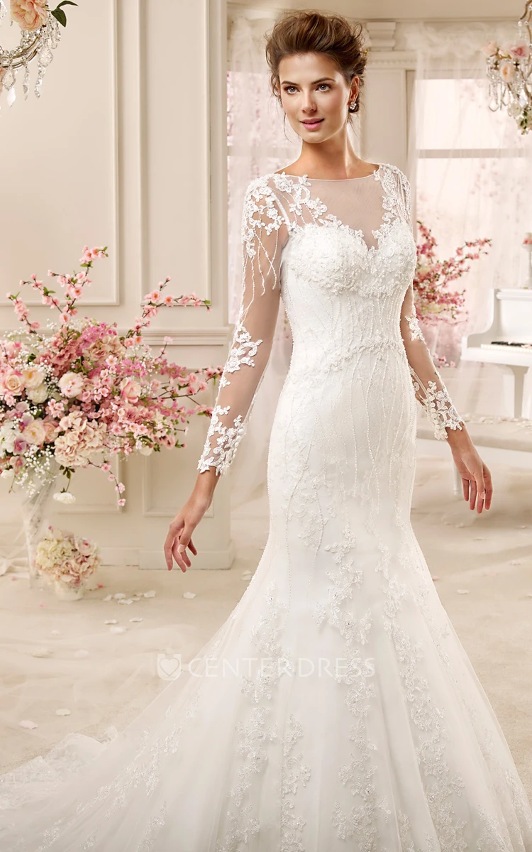 Long-Sleeve Sheath Mermaid Long Wedding Dress With Illusive Design And Brush Train