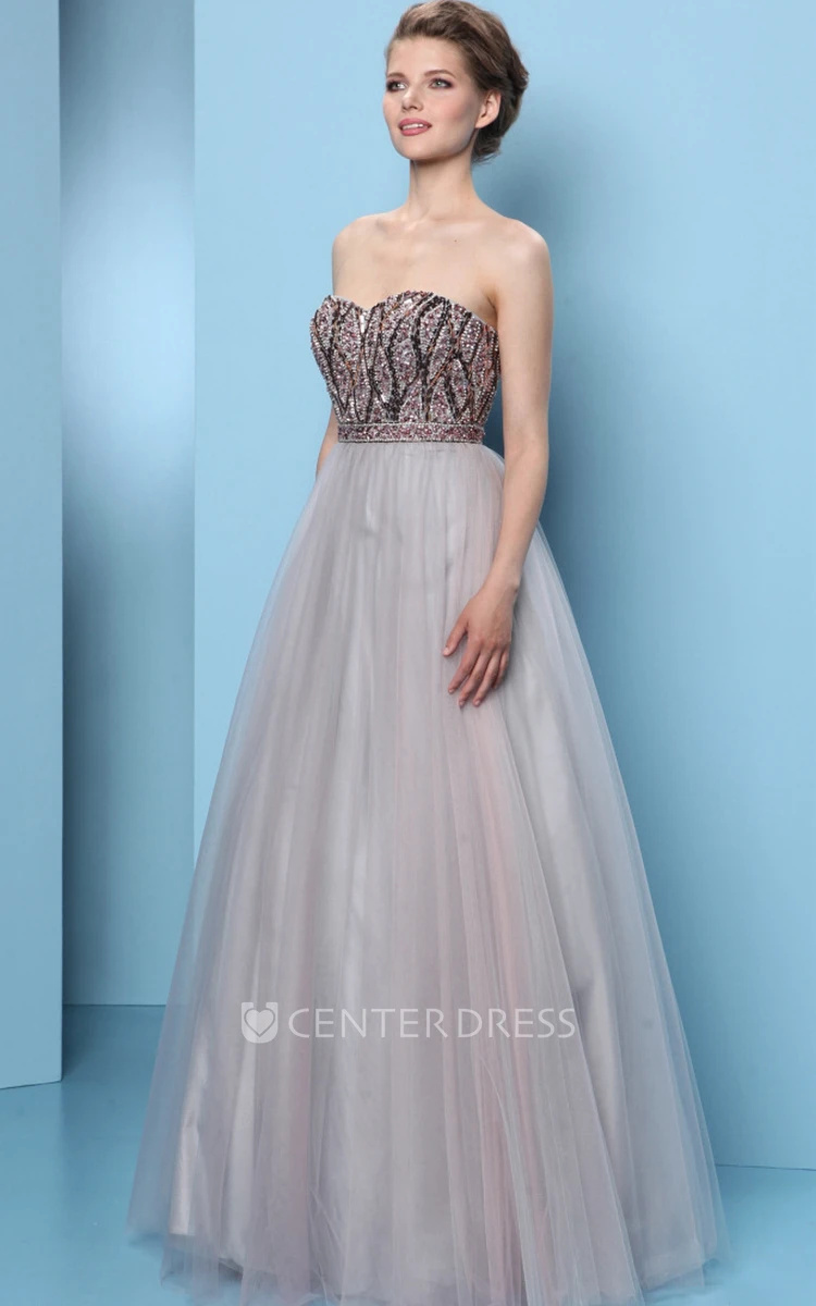 A-Line Beaded Sweetheart Sleeveless Floor-Length Tulle Prom Dress With Pleats
