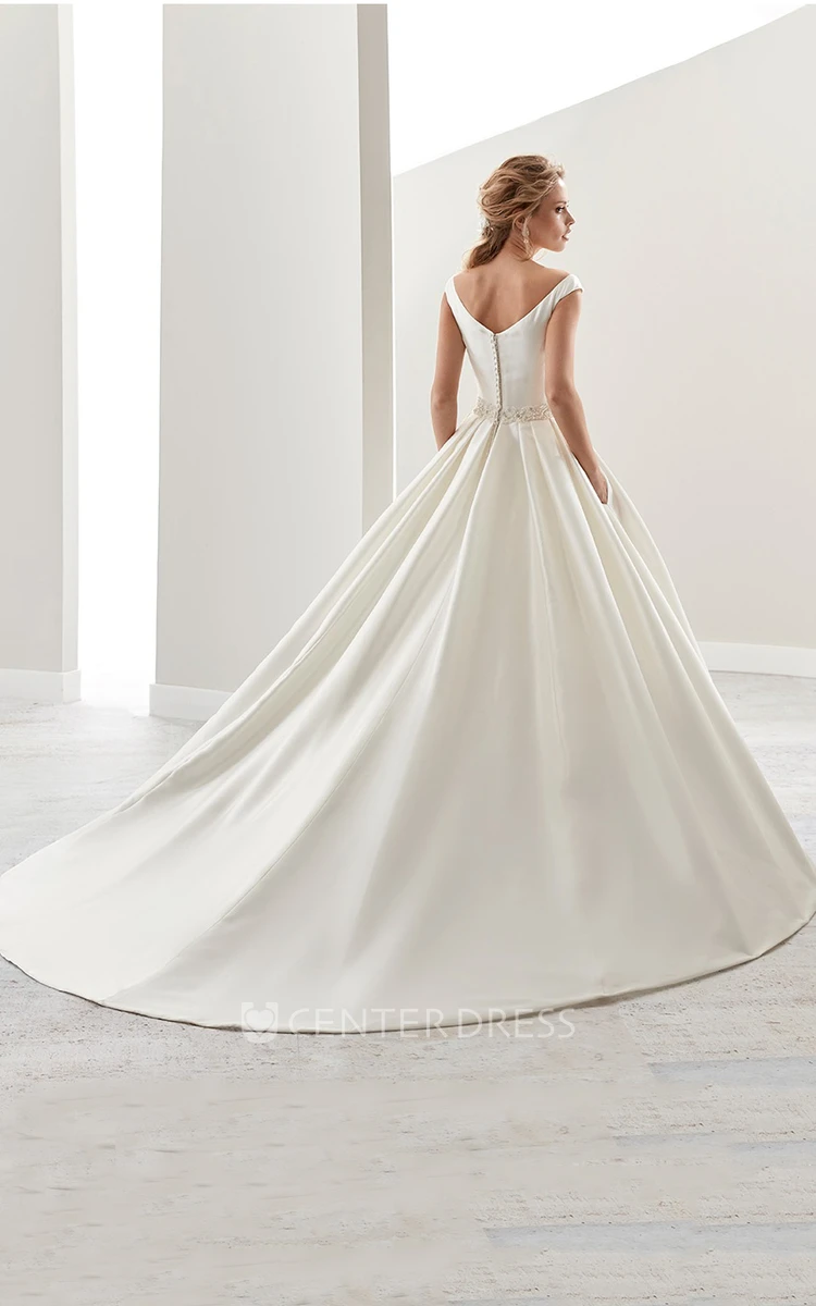 Simple V-Neck A-Line Satin Wedding Dress With Beaded Belt And Brush Train