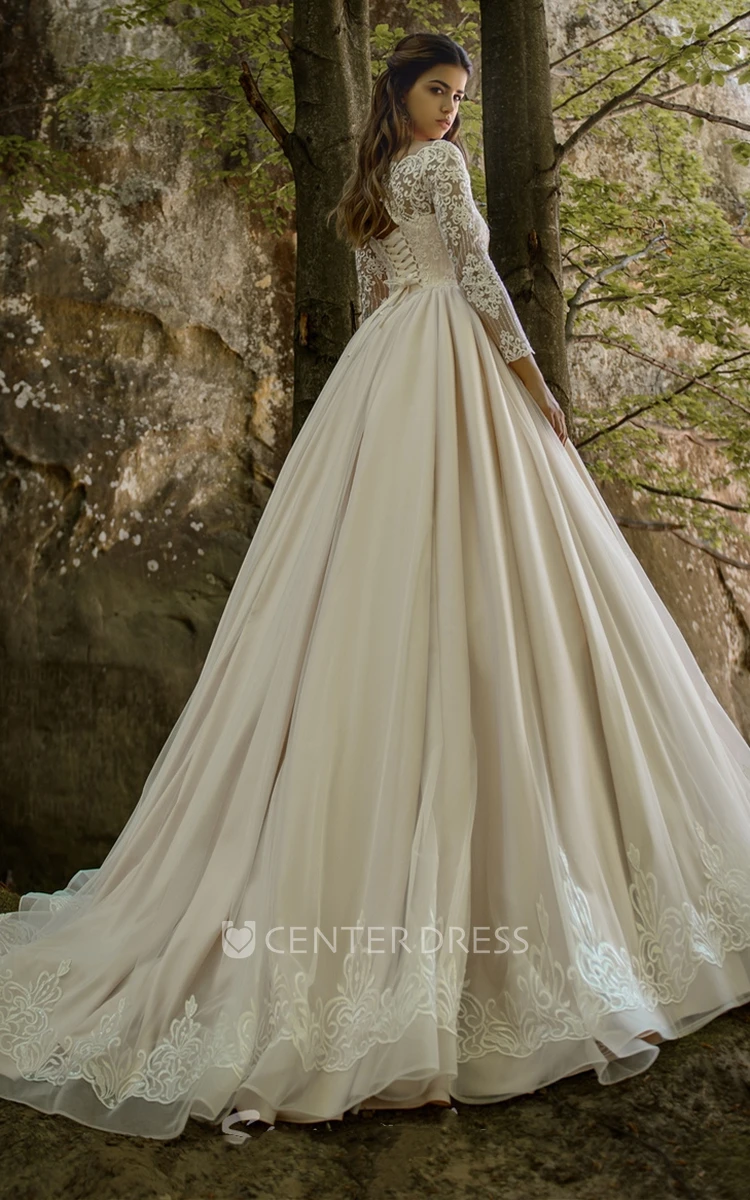Off-the-shoulder Ball Gown Organza Wedding Dress with Appliques and Ruching