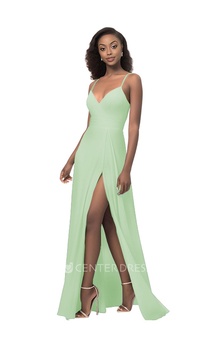 Spaghetti Chiffon A Line Bridesmaid Dress with Front Split Sexy Modern UCenter Dress