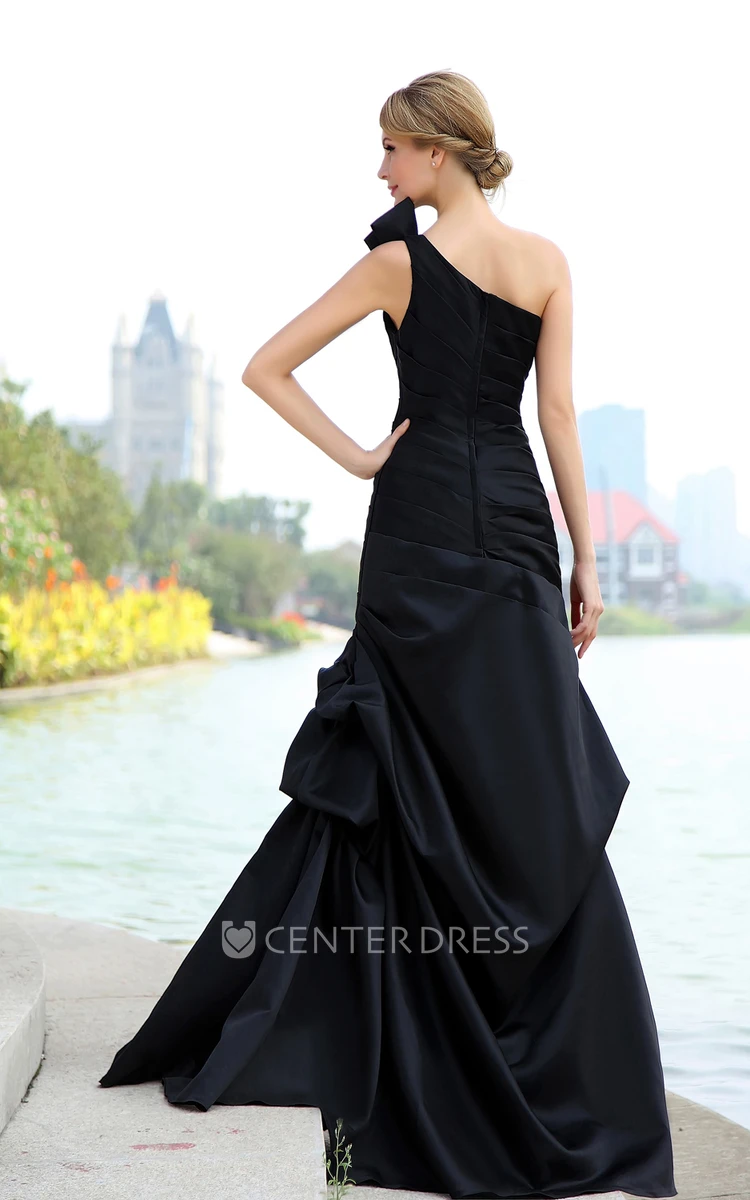 Asymmetrical One-Shoulder Sleeveless Satin Dress With Pick-Up Ruffles