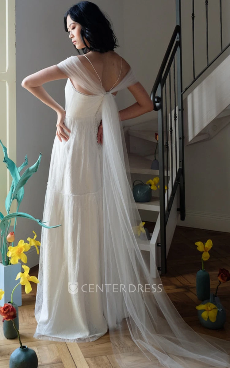 Bohemian A Line Lace Spaghetti Floor-length Short Sleeve Wedding Dress With Ruching