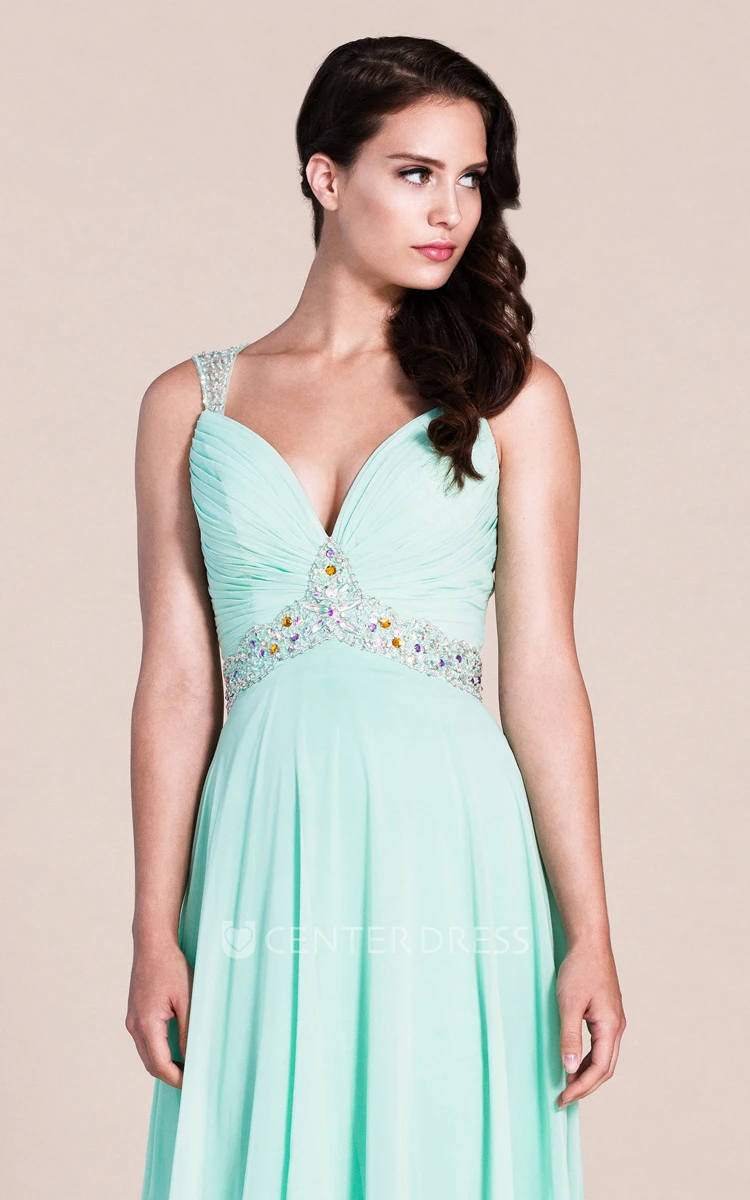 Exquisite Sleeveless Ruched Bodice Chiffon Skirt With Beaded Straps and Waistline