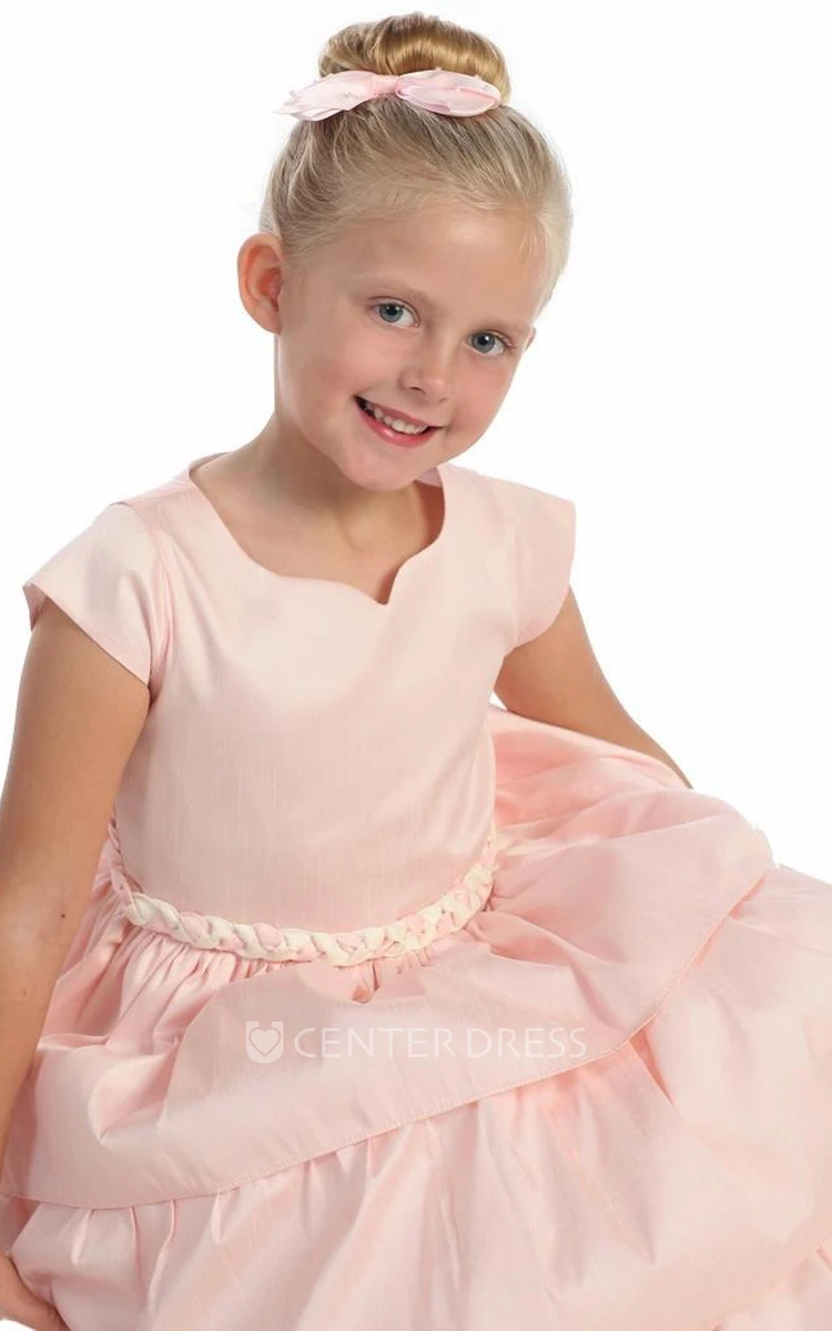 Tea-Length Cap-Sleeve Bowed Flower Girl Dress