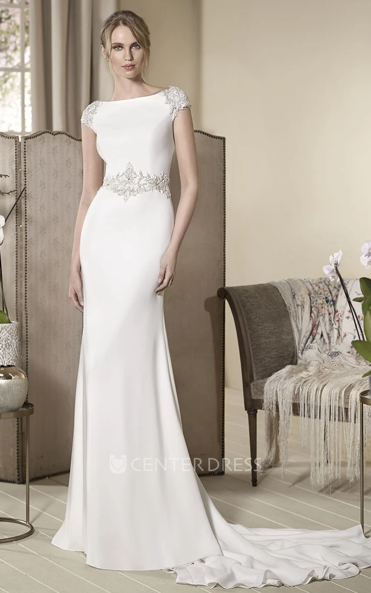 Sheath Cap-Sleeve Crystal Jewel-Neck Long Jersey Wedding Dress