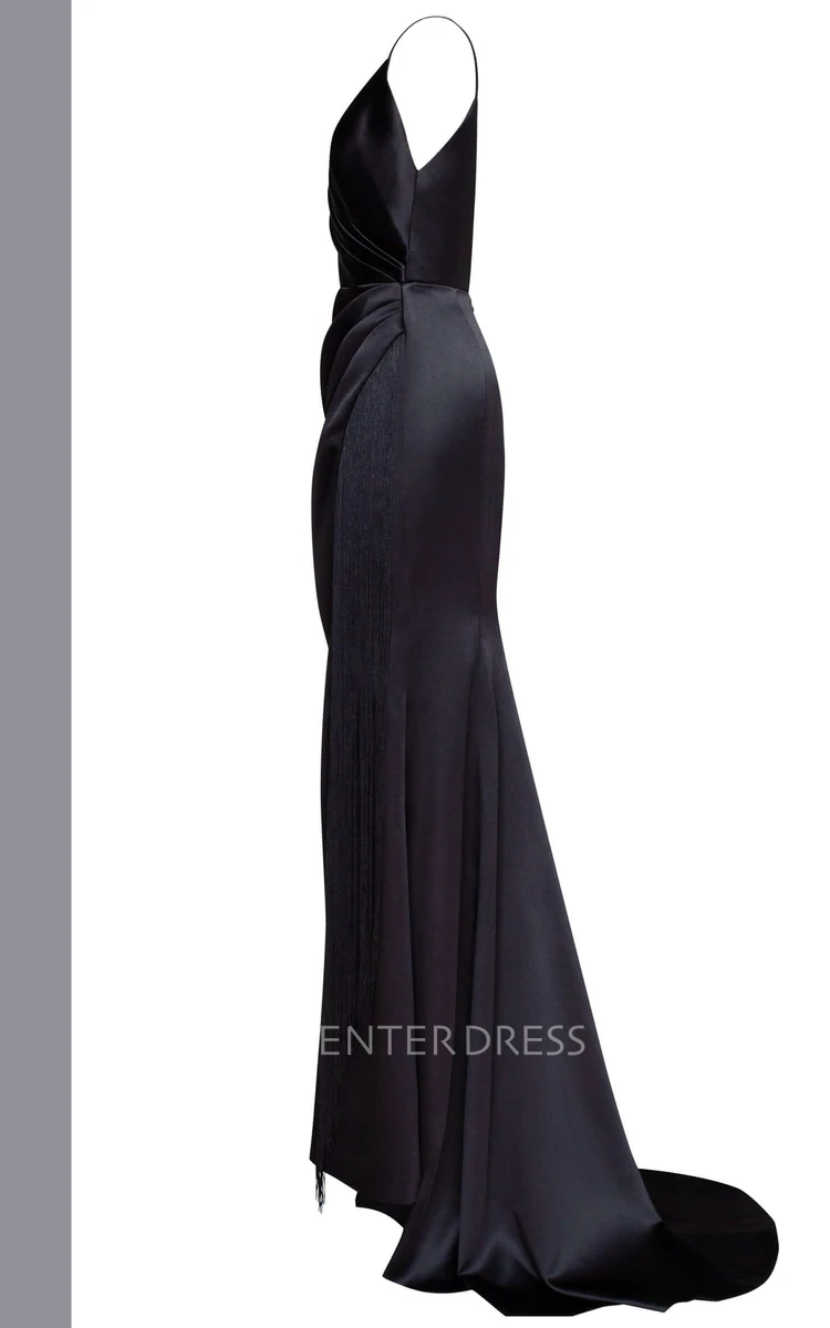 Sexy Sheath Spaghetti Satin Evening Dress With Low-V Back And Split Front