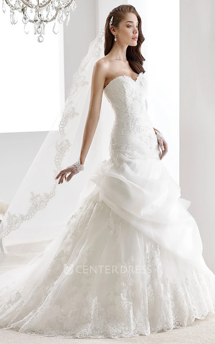 Sweetheart Pleated Lace Wedding Gown with Appliques and Side Draping Ruffles