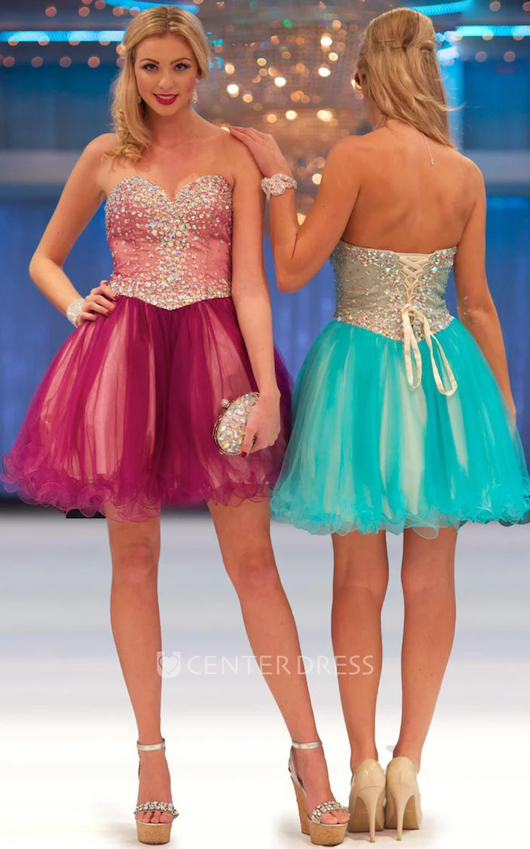 A-Line Short Strapless Beaded Tulle Prom Dress With Lace-Up