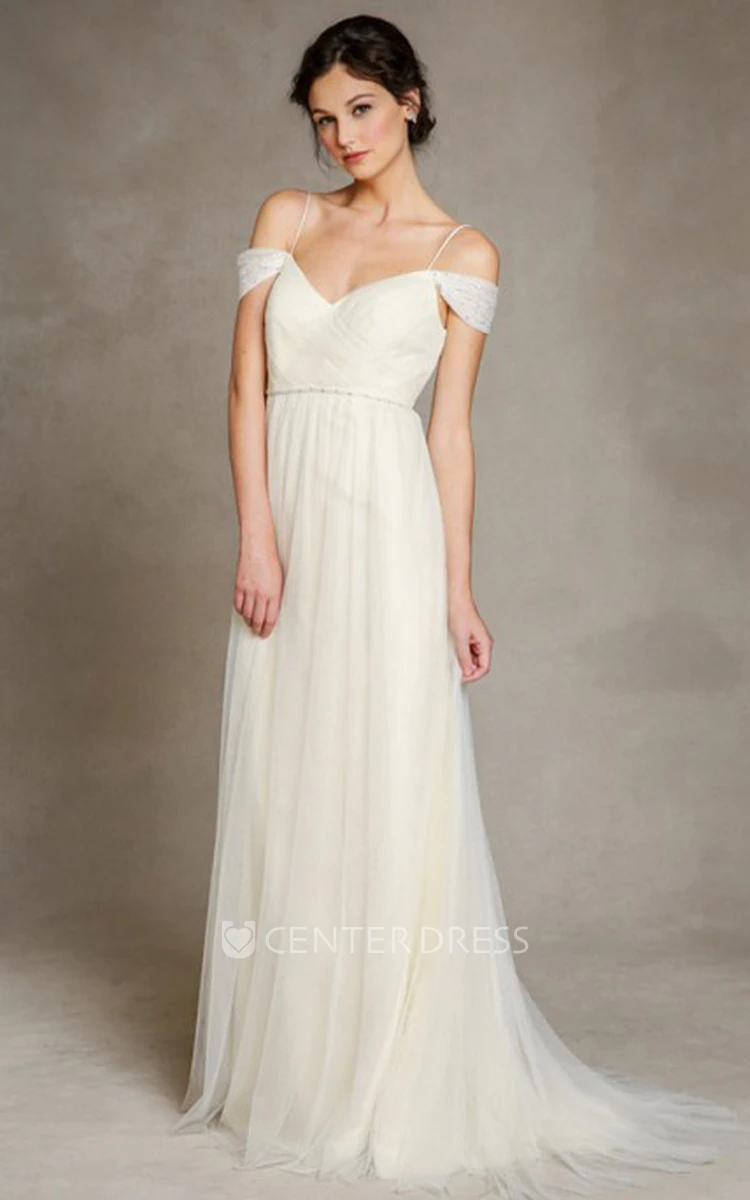 A-Line Jeweled Floor-Length Spaghetti Tulle Wedding Dress With Pleats -  UCenter Dress