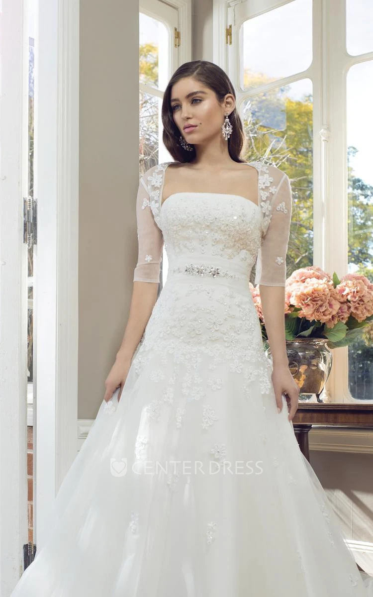 A-Line Strapless Sleeveless Appliqued Floor-Length Lace&Tulle Wedding Dress With Waist Jewellery And Corset Back