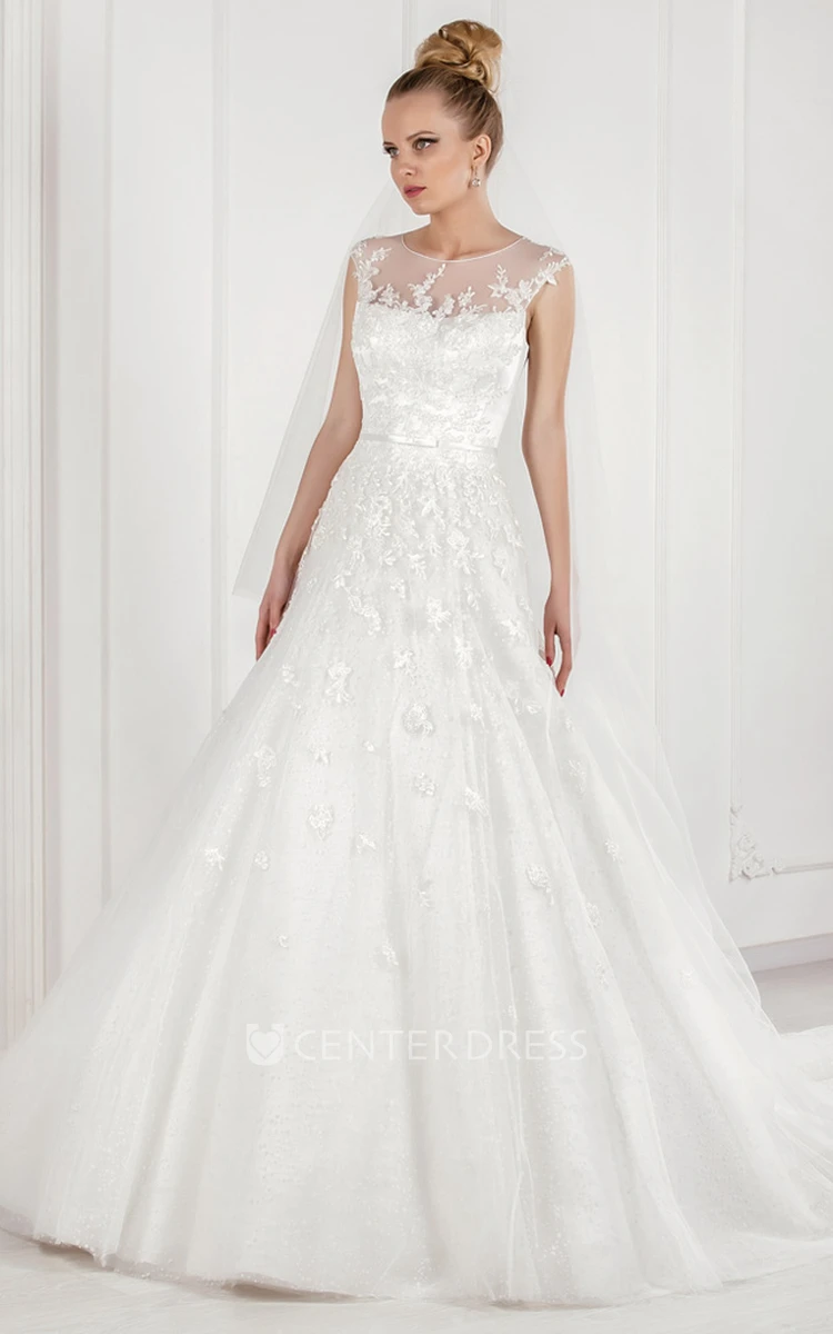A-Line Scoop Floor-Length Sleeveless Appliqued Tulle Wedding Dress With Illusion Back And Court Train
