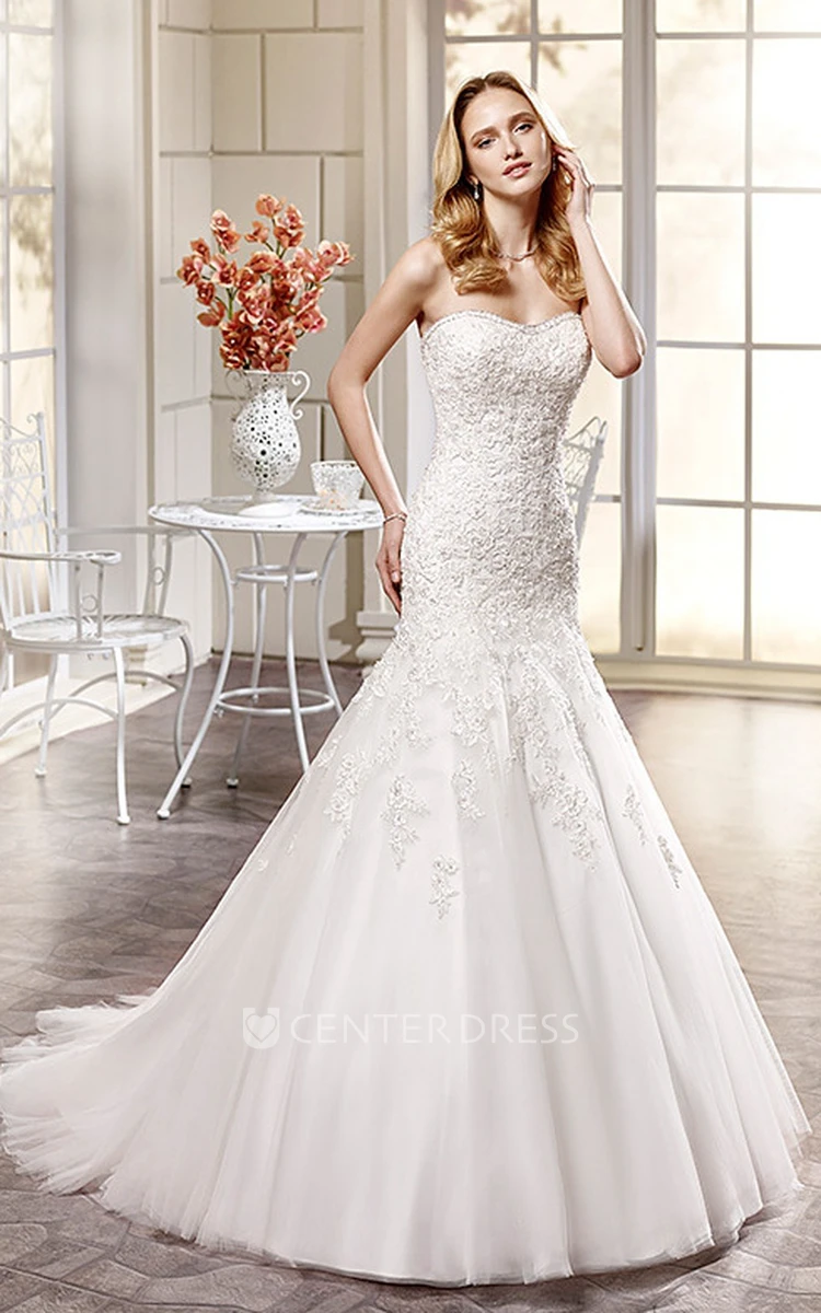 Trumpet Sweetheart Long Beaded Tulle Wedding Dress With Appliques