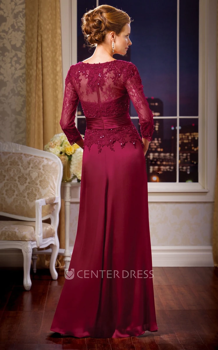 3-4 Sleeved V-Neck Long Mother Of The Bride Dress With Sequins And Appliques