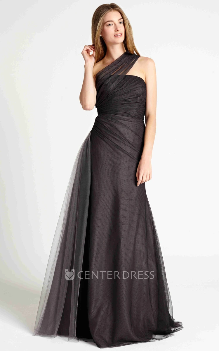 Floor-Length One-Shoulder Sleeveless Ruched Tulle Bridesmaid Dress