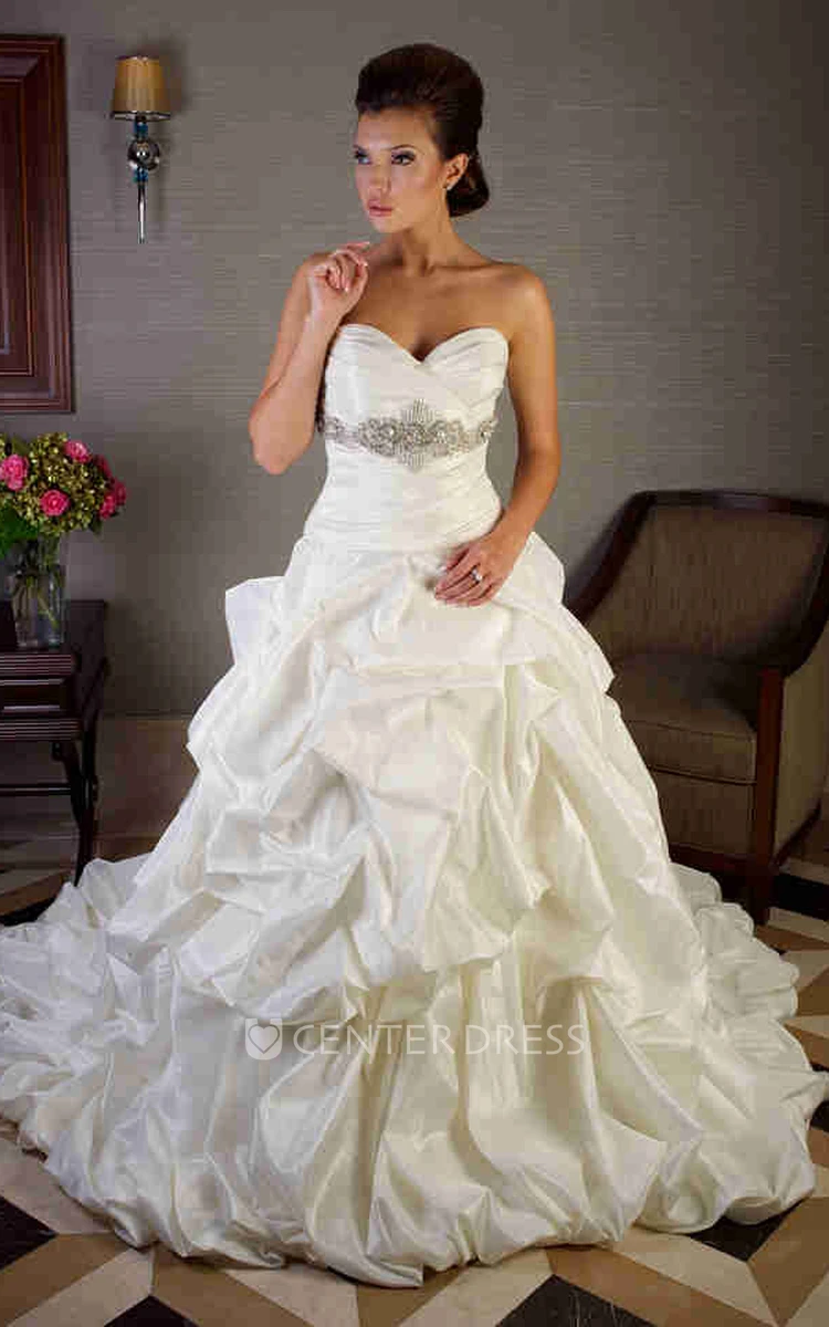 Ball Gown Criss Cross Sweetheart Taffeta Wedding Dress With Pick Up And Waist Jewellery