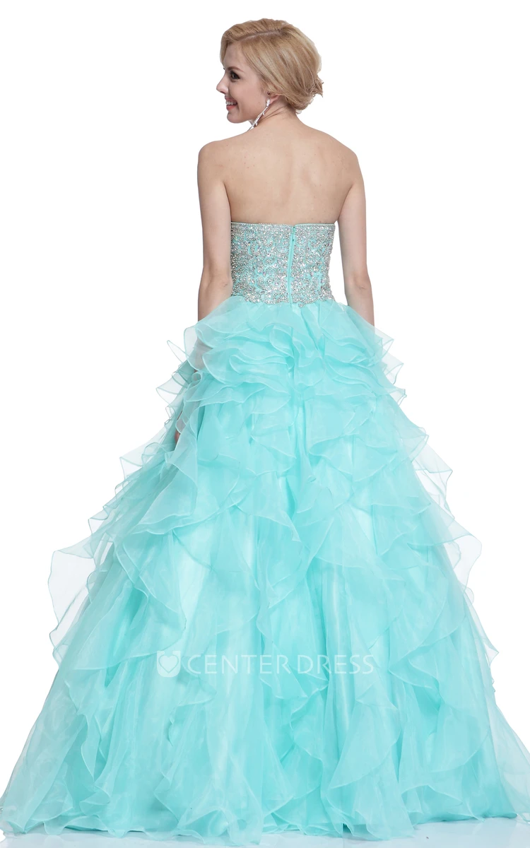 Ball Gown Sweetheart Organza Zipper Dress With Cascading Ruffles And Beading