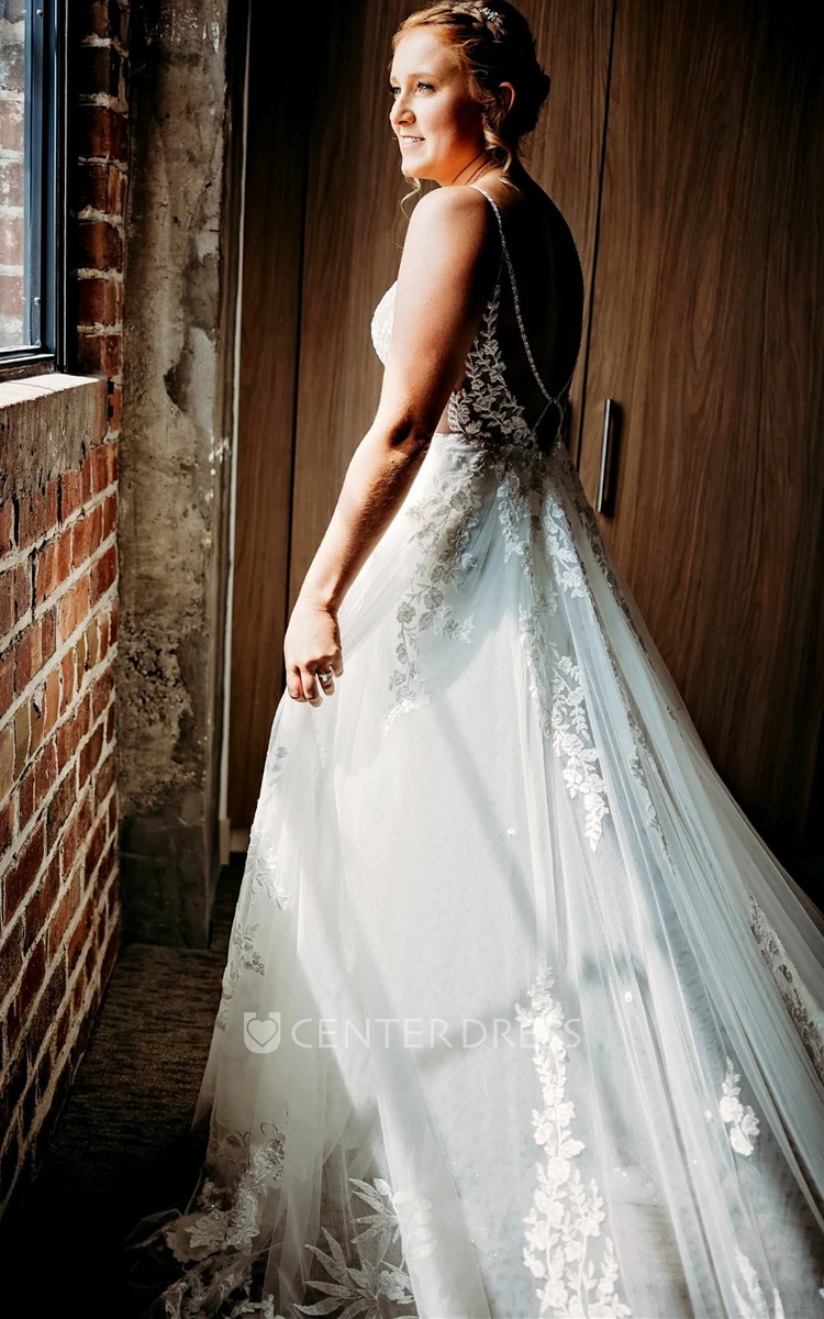 Simple A-Line Spaghetti V-neck Tulle Wedding Dress with Appliques