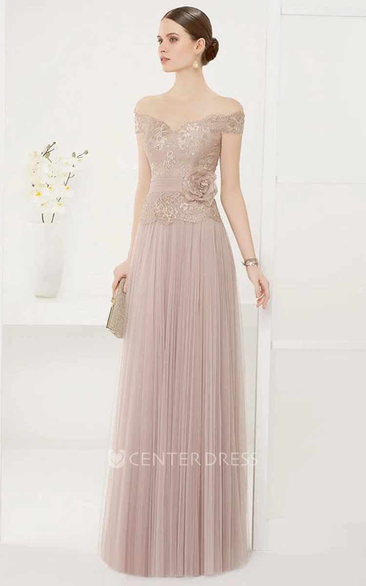 Off Shoulder A-line Tulle Long Dress With Lace Top And Flower Sash