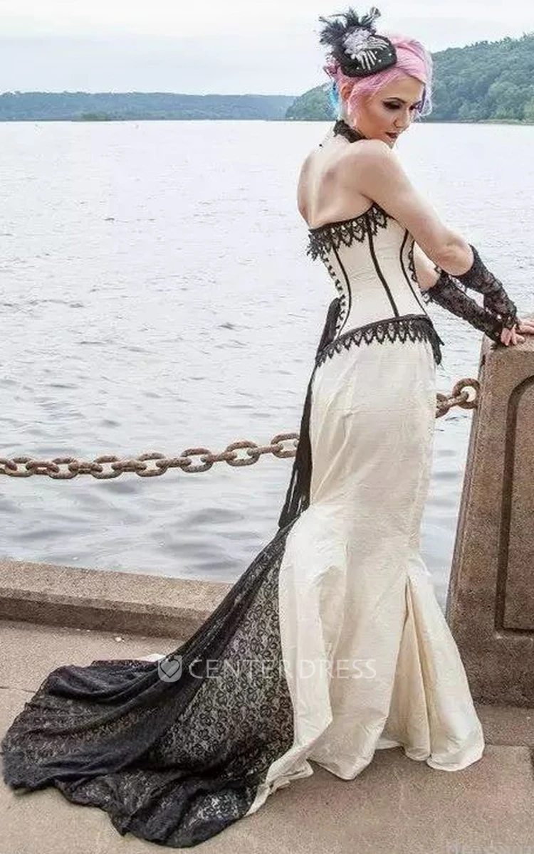 Sleeveless Mermaid Sweetheart Taffeta Lace Floor-length Sweep Train Wedding Dress with Appliques