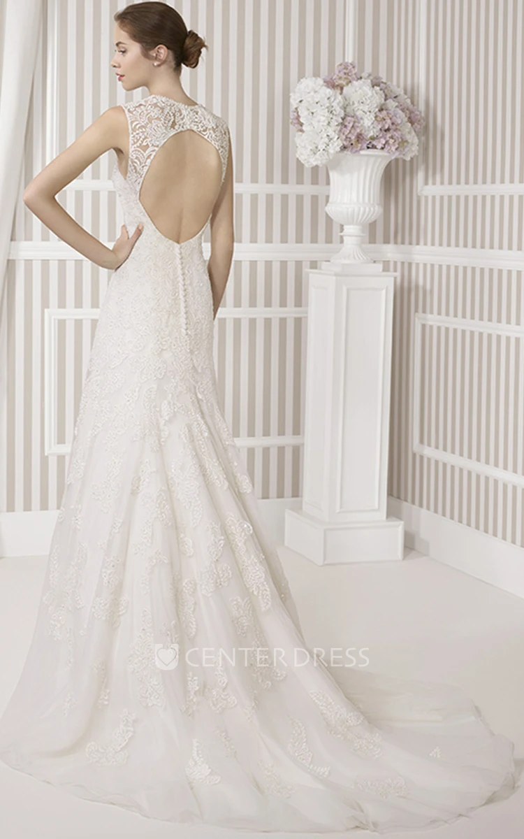 A-Line Floor-Length Sleeveless Appliqued Jewel Lace Wedding Dress With Waist Jewellery And Keyhole Back