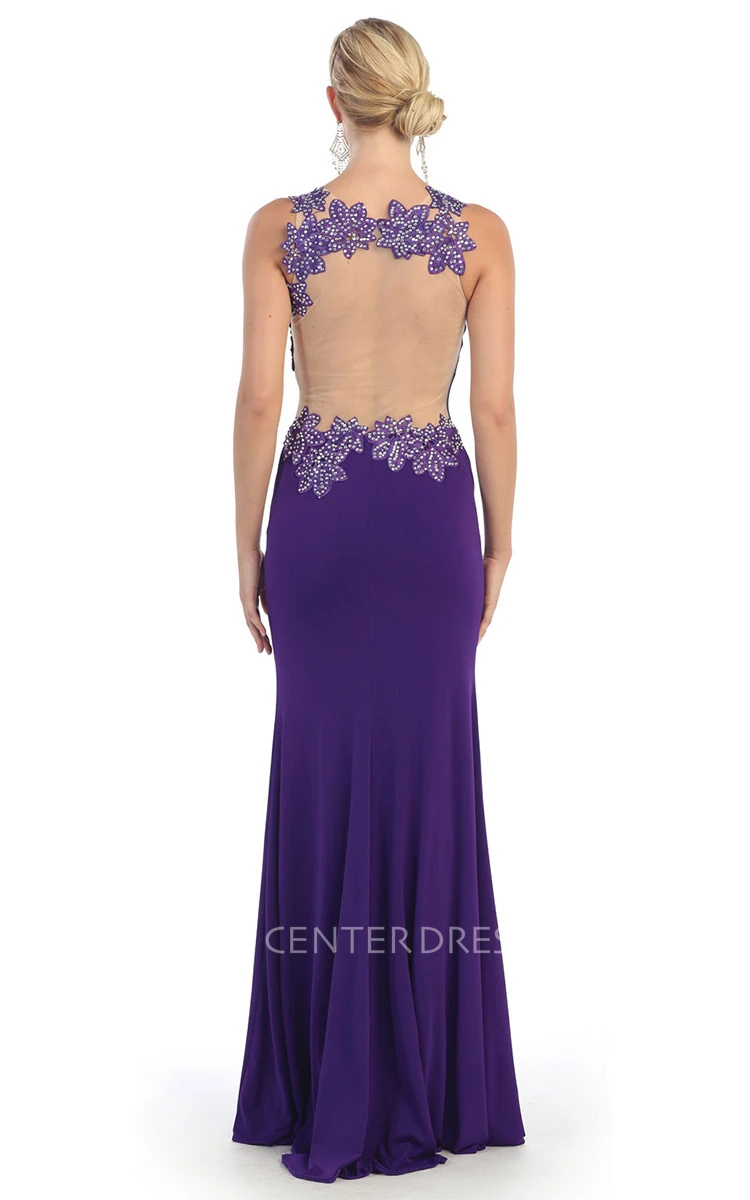 Sheath Scoop-Neck Sleeveless Jersey Illusion Dress With Appliques And Split Front