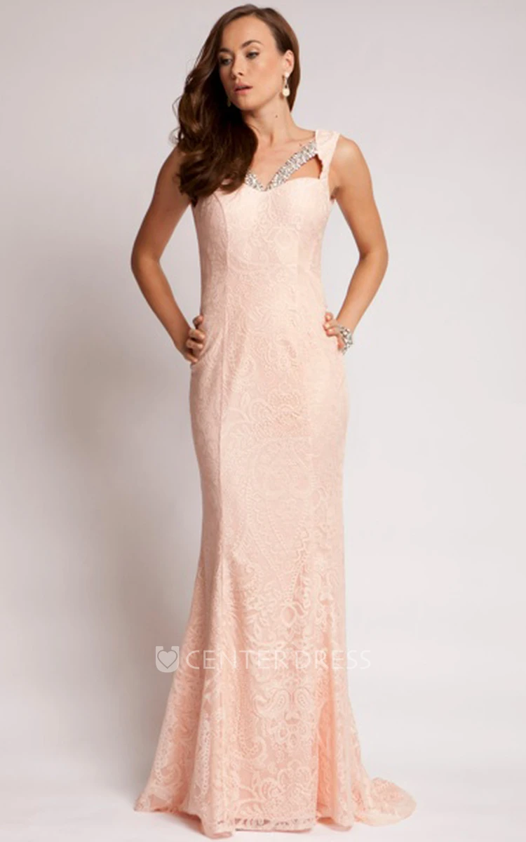 Sheath Floor-Length Sleeveless Beaded Lace Prom Dress