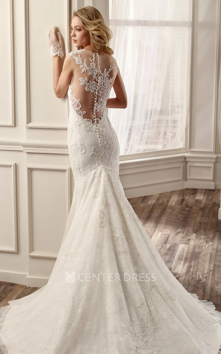 Jewel-Neck Sheath Mermaid Wedding Dress With Appliques And Illusive Back