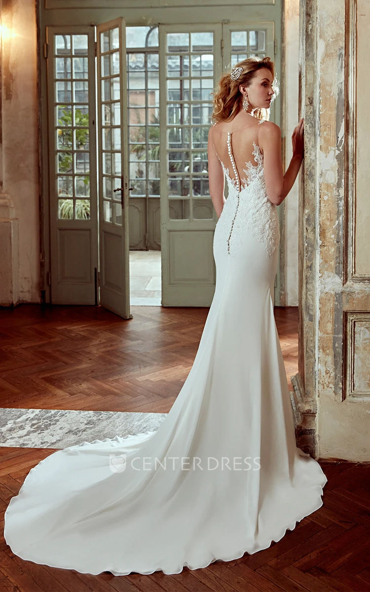 V-Neck Sheath Wedding Dress with Lace Floral Straps and Brush Train 