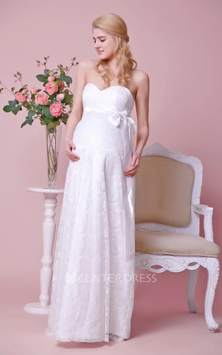 Empire Waist Strapless Lace Maternity Wedding Dress With Satin Bow