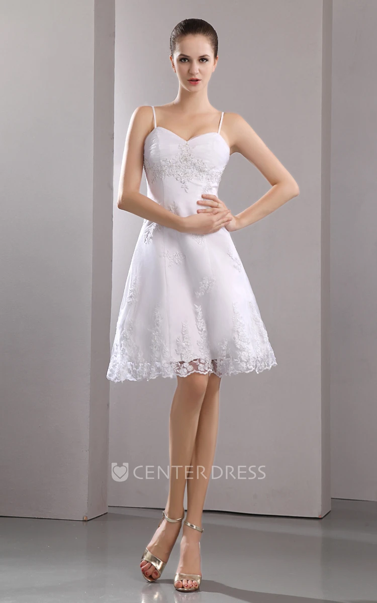 Stunning Spaghetti Sleeveless Short Wedding Gown With Embroidery