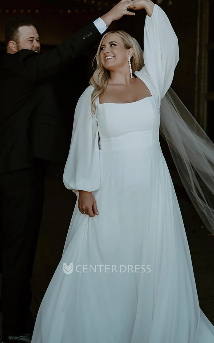 Modest Elegant A-Line Plus Size Wedding Dress Romantic Solid Casual Square Neck Chiffon Bridal Gown